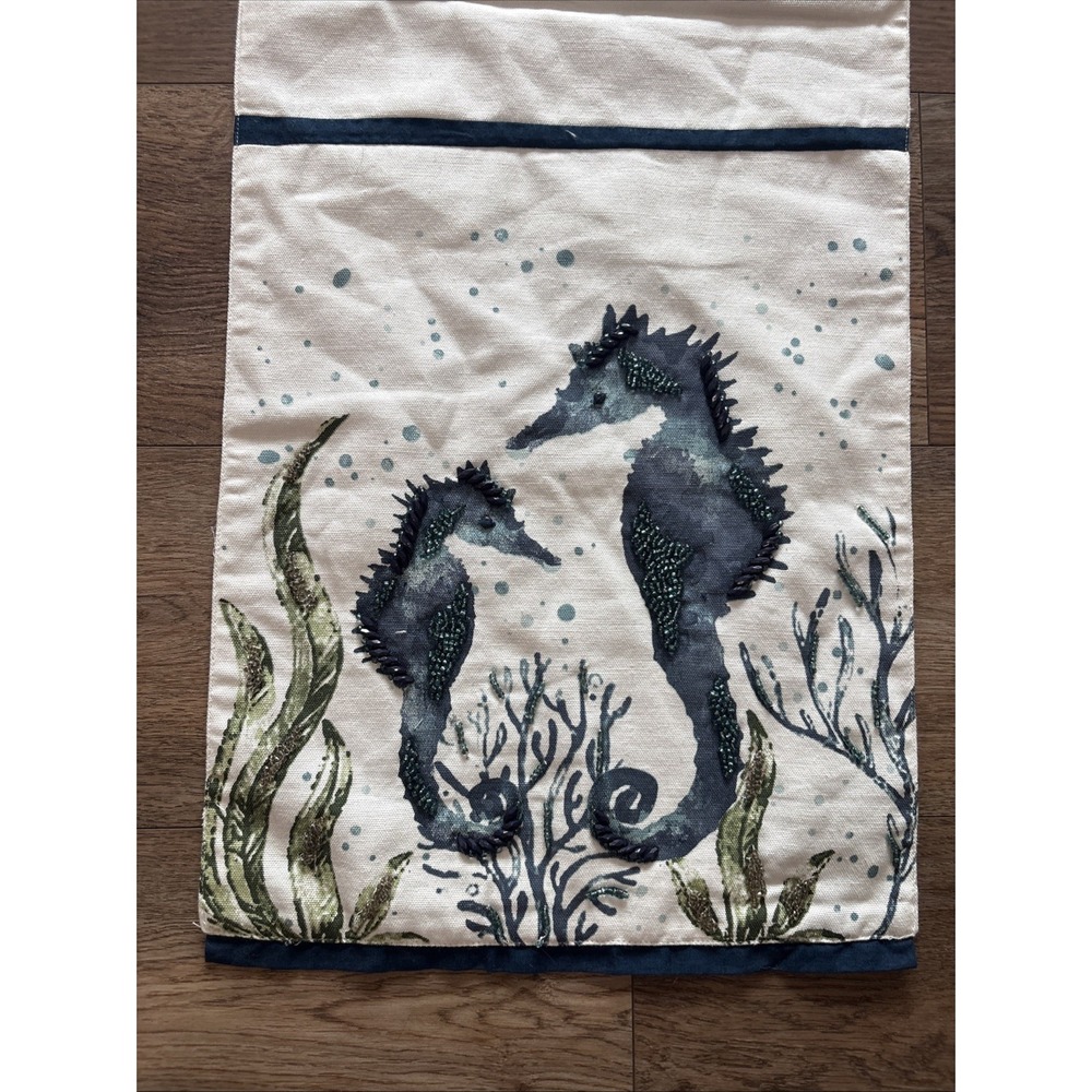 Vintage Pier 1 Imports 13x72 Beaded Table Runner Ocean Seahorse Blue And Cream